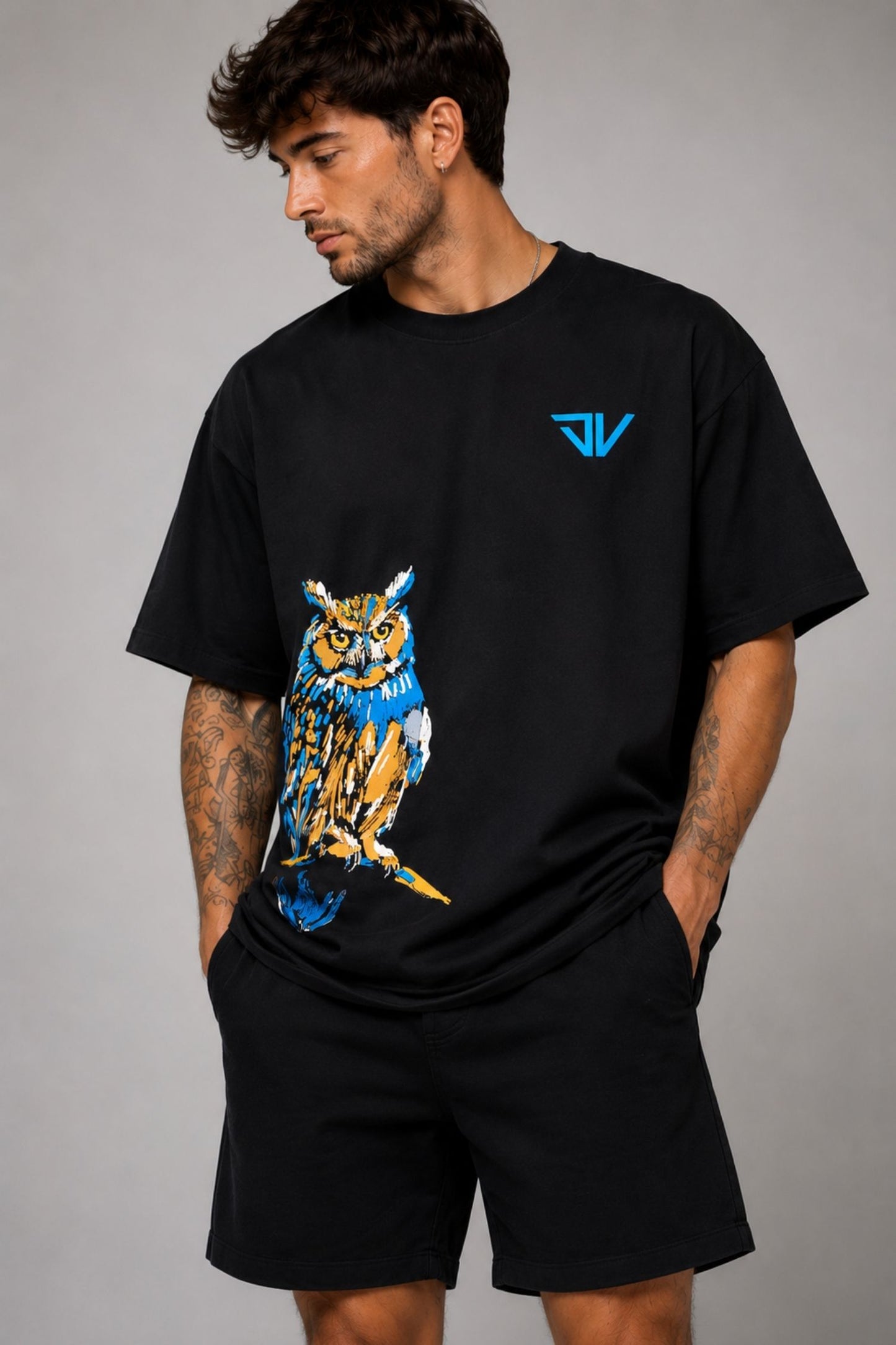 Lucky Owl Black Oversized Co-Ord Set – Puff Print 240 GSM T-Shirt & Shorts