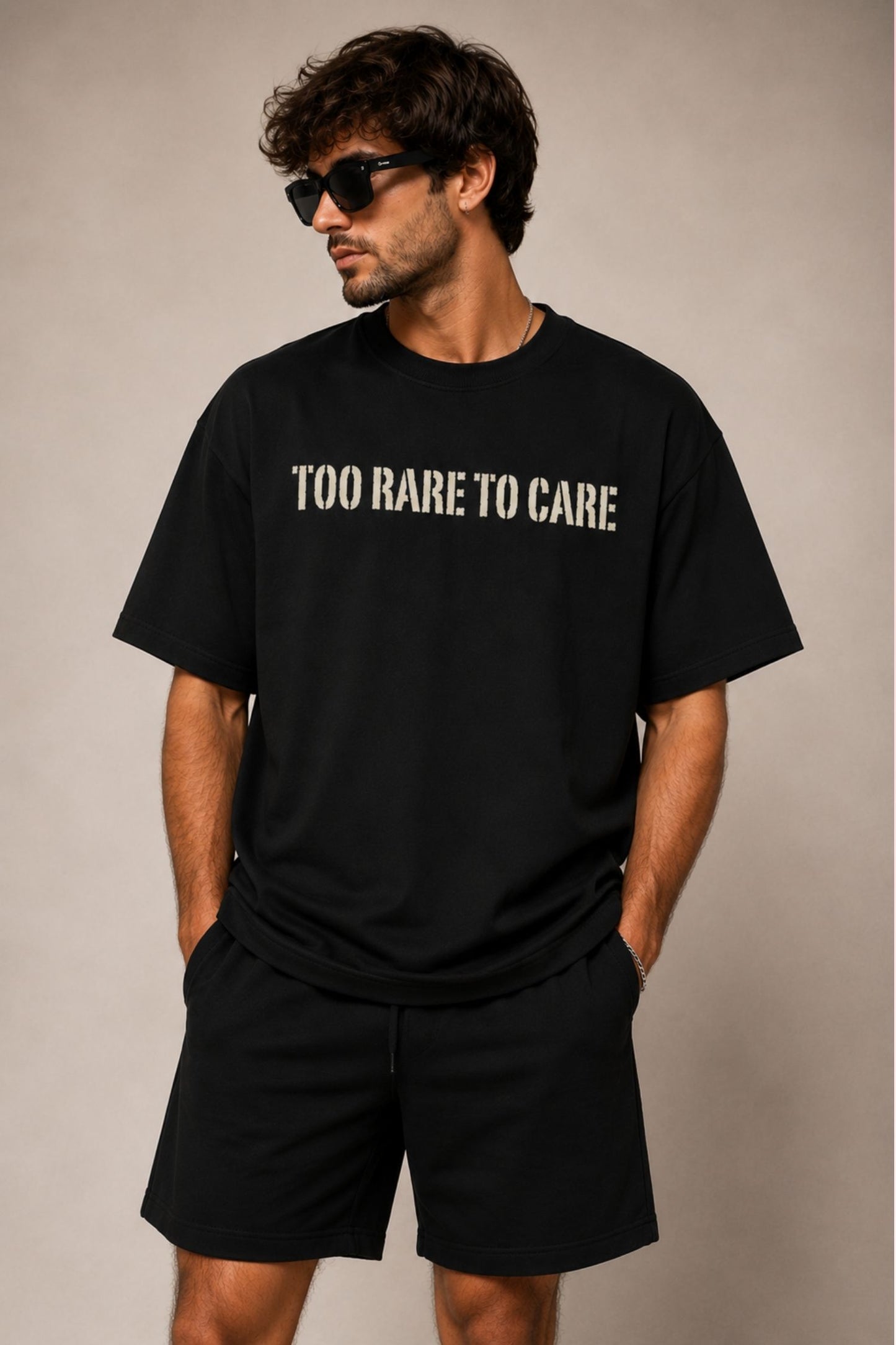 Too Rare To Care Black Oversized Co-Ord Set – 240 GSM Premium T-Shirt & Shorts