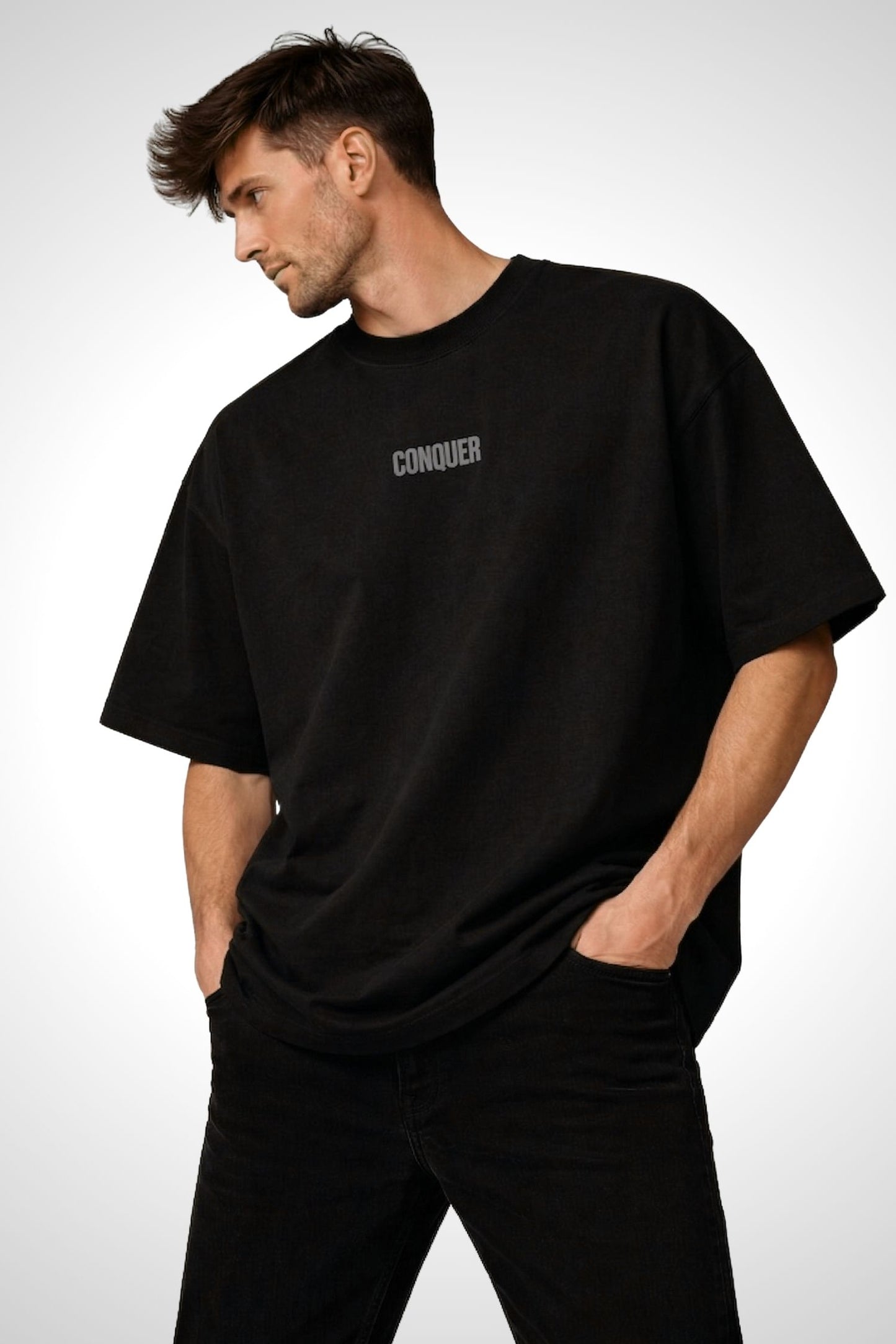 Conquer Raw Puff Print Oversized T-Shirt