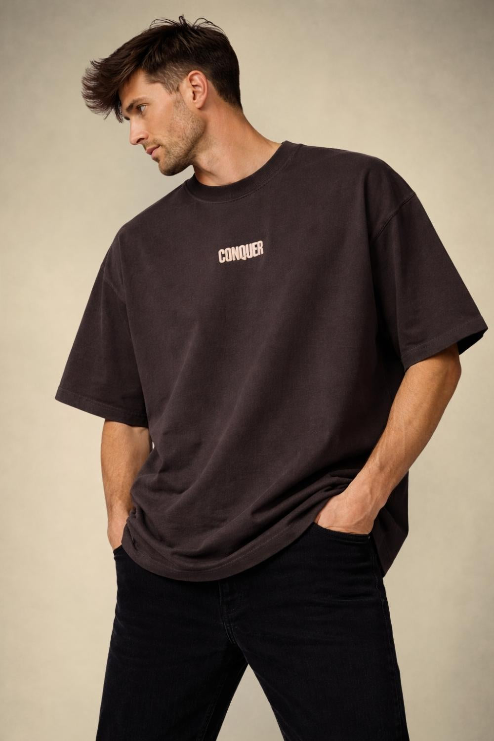 Conquer Raw Puff Print Oversized T-Shirt