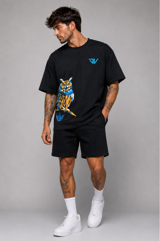 Lucky Owl Black Oversized Co-Ord Set – Puff Print 240 GSM T-Shirt & Shorts