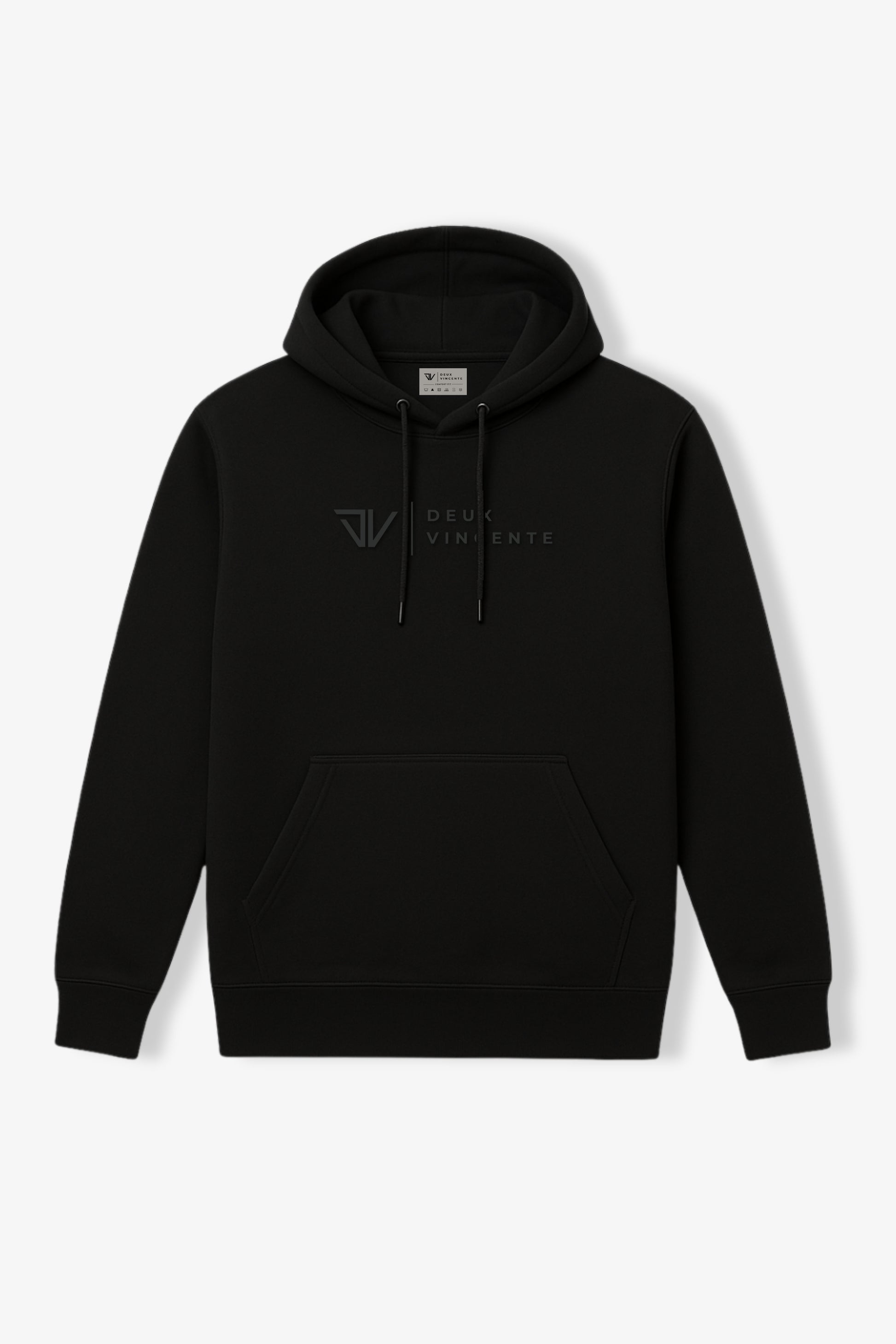 Flat lay of black hoodie with black deux vincente logo on chest center