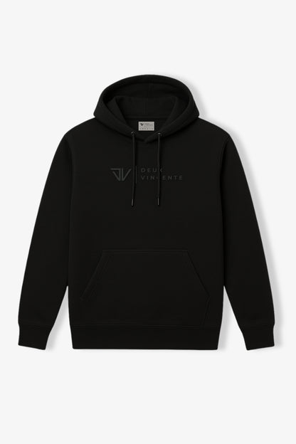 Flat lay of black hoodie with black deux vincente logo on chest center