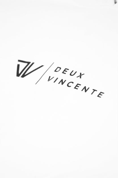 Deux Vincente logo on a white hoodie