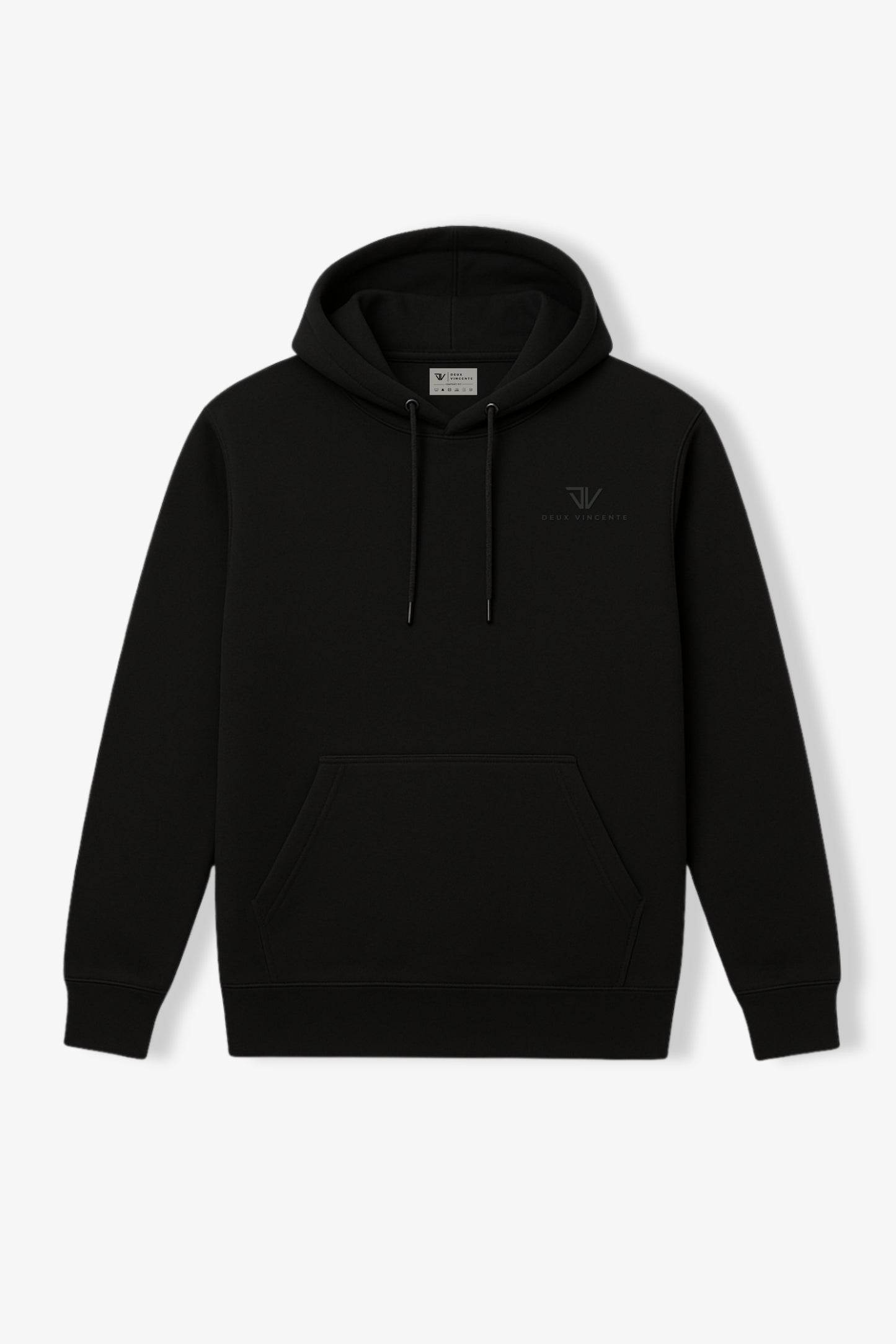 Flat lay of black hoodie with small black deux vincente logo on left chest side