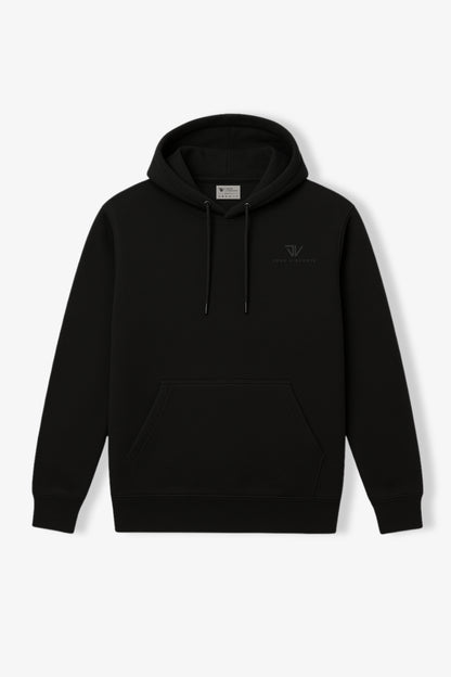 Flat lay of black hoodie with small black deux vincente logo on left chest side