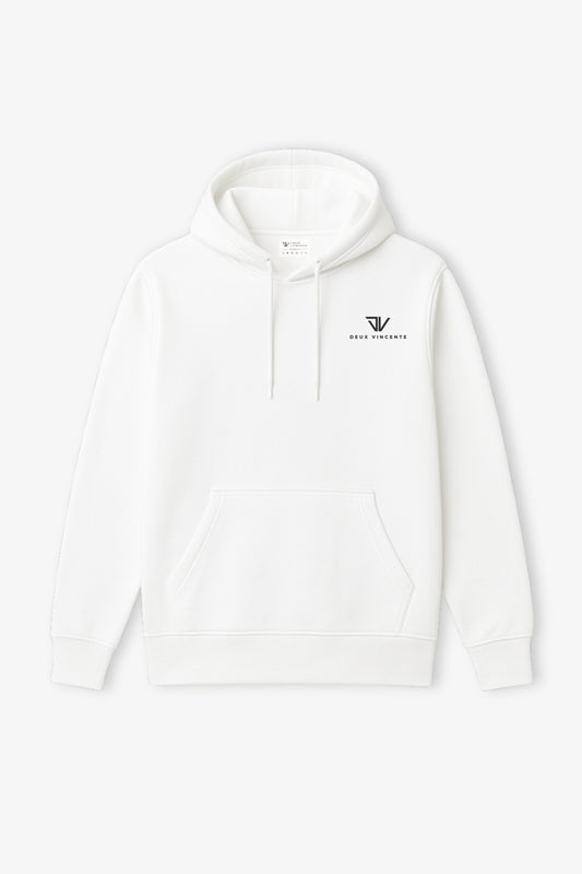 Flat lay of white hoodie with small black deux vincente logo on left chest side