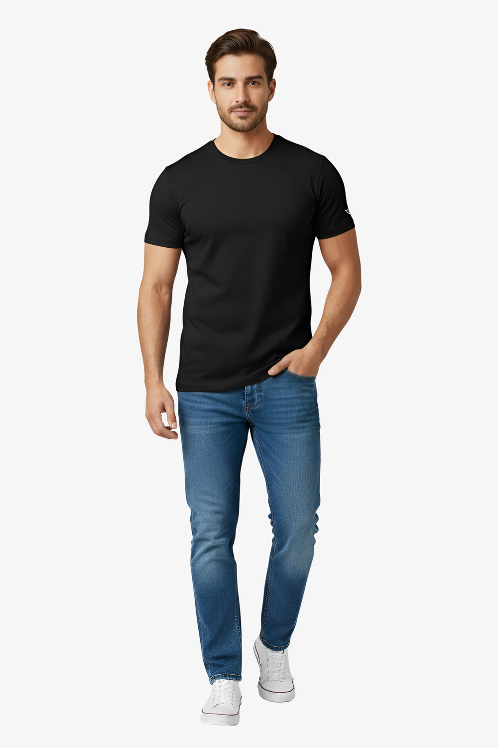 Man wearing a black t-shirt with white deux vincente logo on sleeve and denim jeans
