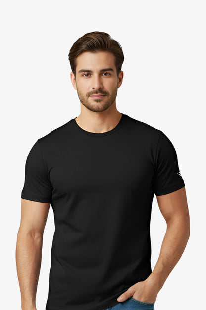 Man wearing a black t-shirt with white deux vincente logo on sleeve