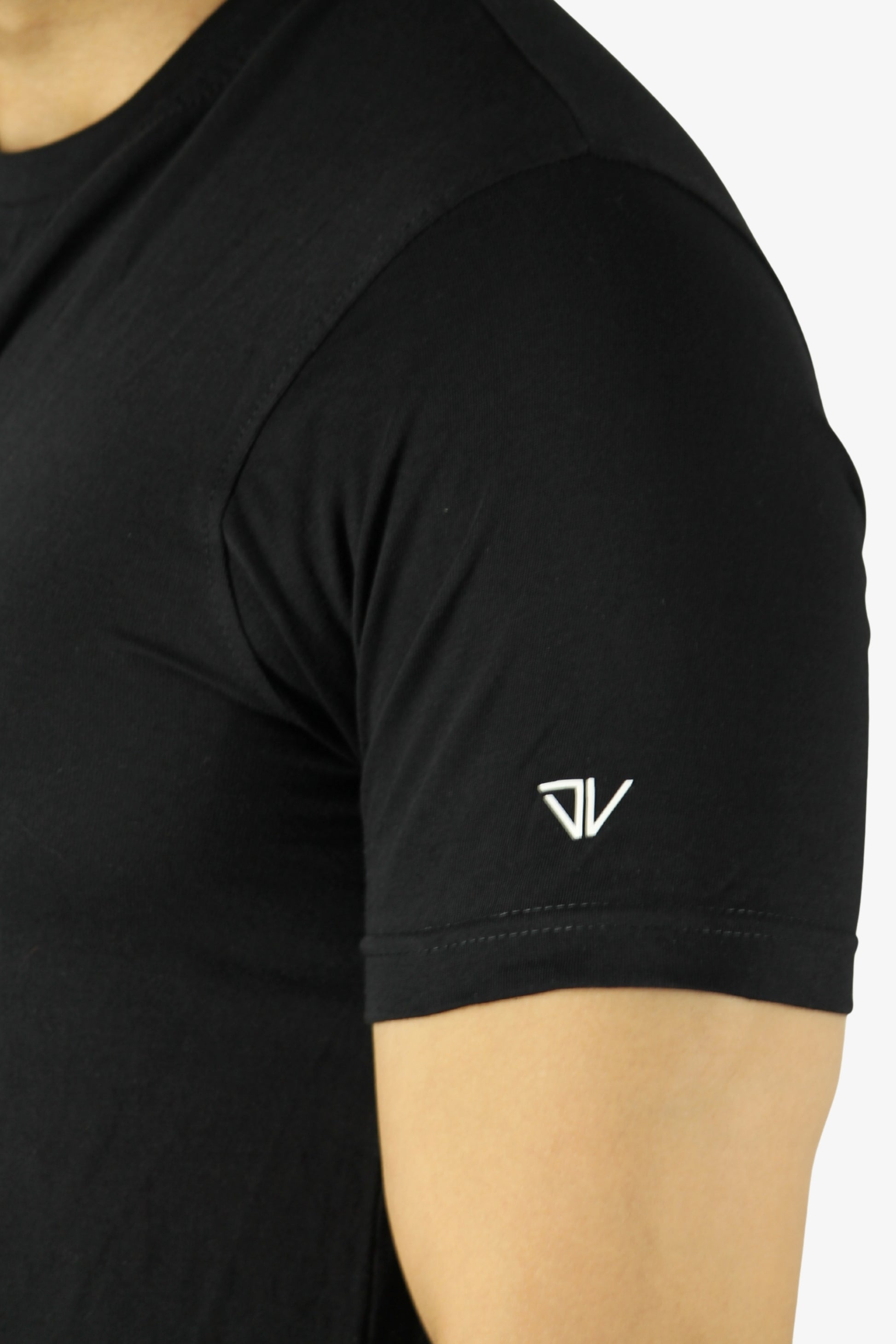 black t-shirt with white deux vincente logo on sleeve