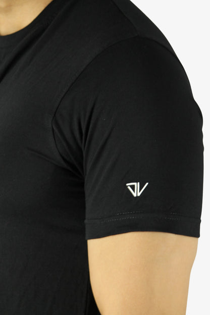 black t-shirt with white deux vincente logo on sleeve