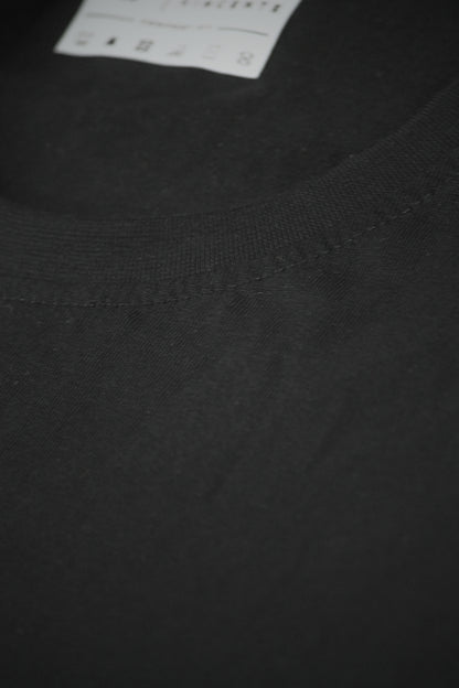Close-up of a black tshirt neckline showing stitching