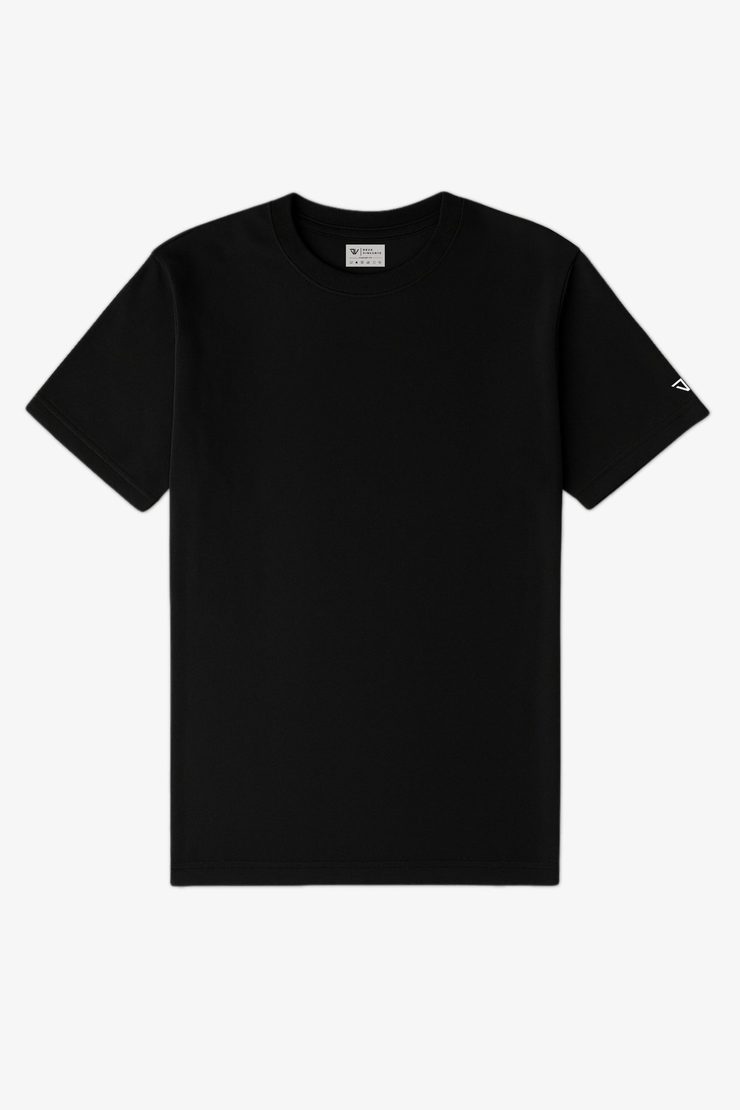 Flat Lay of a Black Deux Vincente T-shirt on a white background
