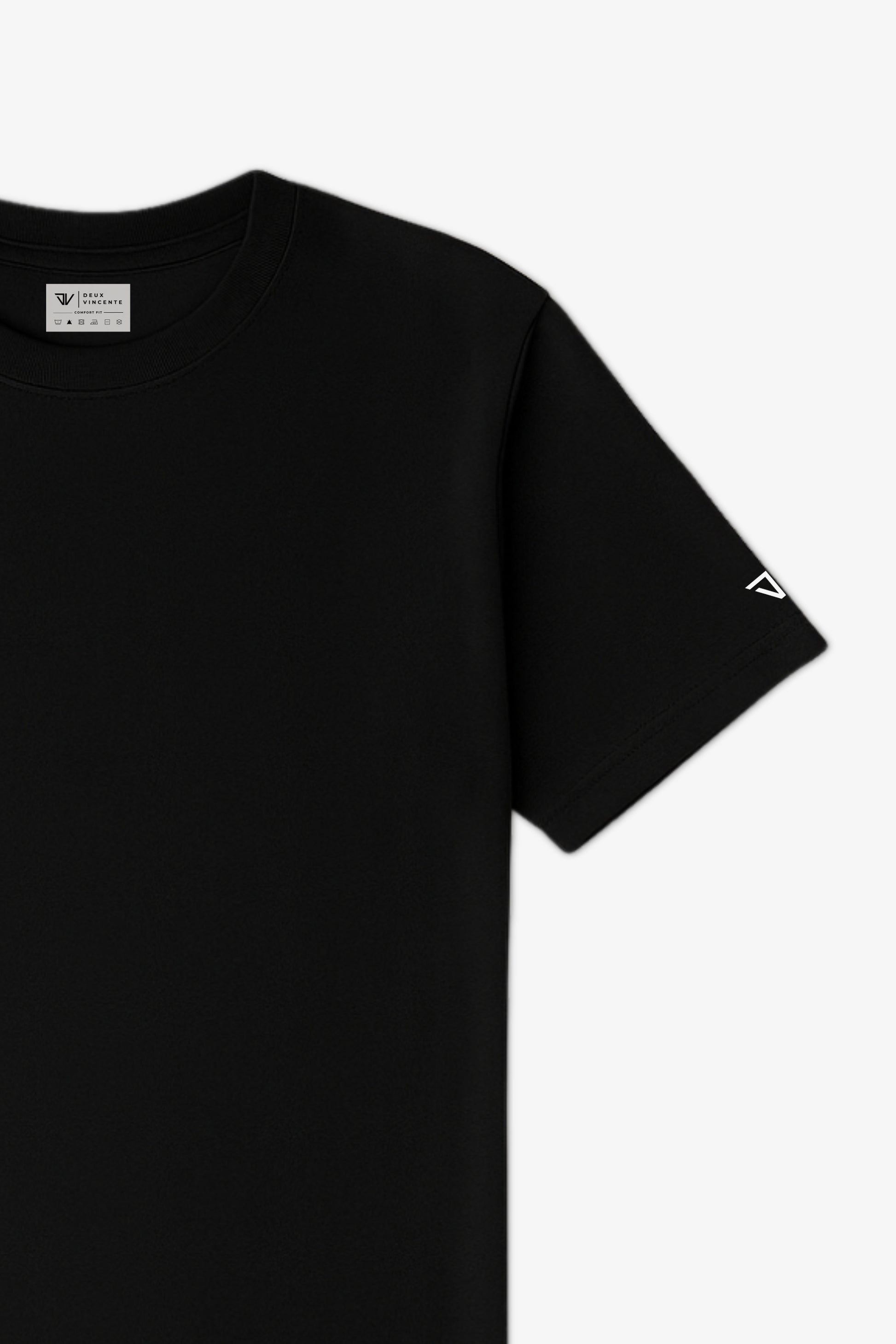 Close -up flat Lay of a Black Deux Vincente T-shirt with logo on sleeve