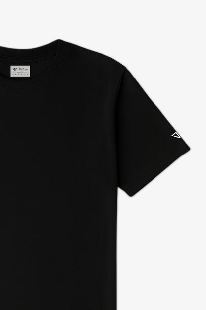 Close -up flat Lay of a Black Deux Vincente T-shirt with logo on sleeve