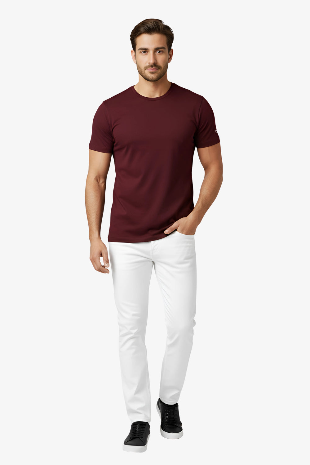 Man wearing a maroon t-shirt with white deux vincente logo on sleeve and white pant