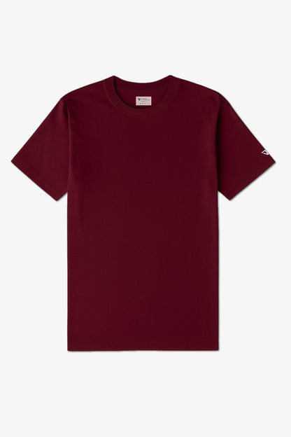 Flat Lay of a Maroon Deux Vincente T-shirt with logo on sleeve