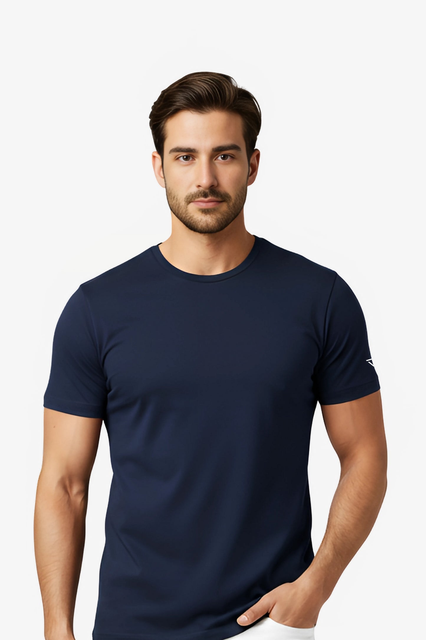 Man wearing a navy blue t-shirt with white deux vincente logo on sleeve