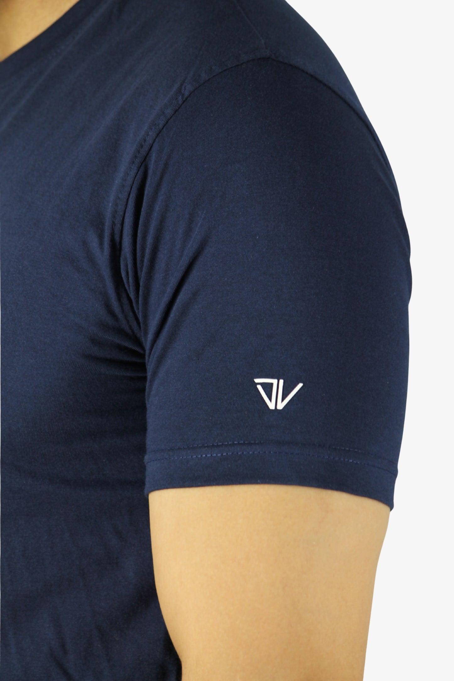 Navy blue t-shirt with a white deux vincente logo on sleeve