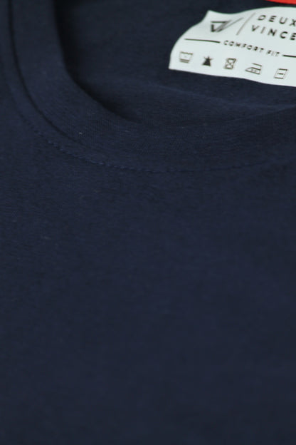 Navy blue t-shirt with a brand label on the collar