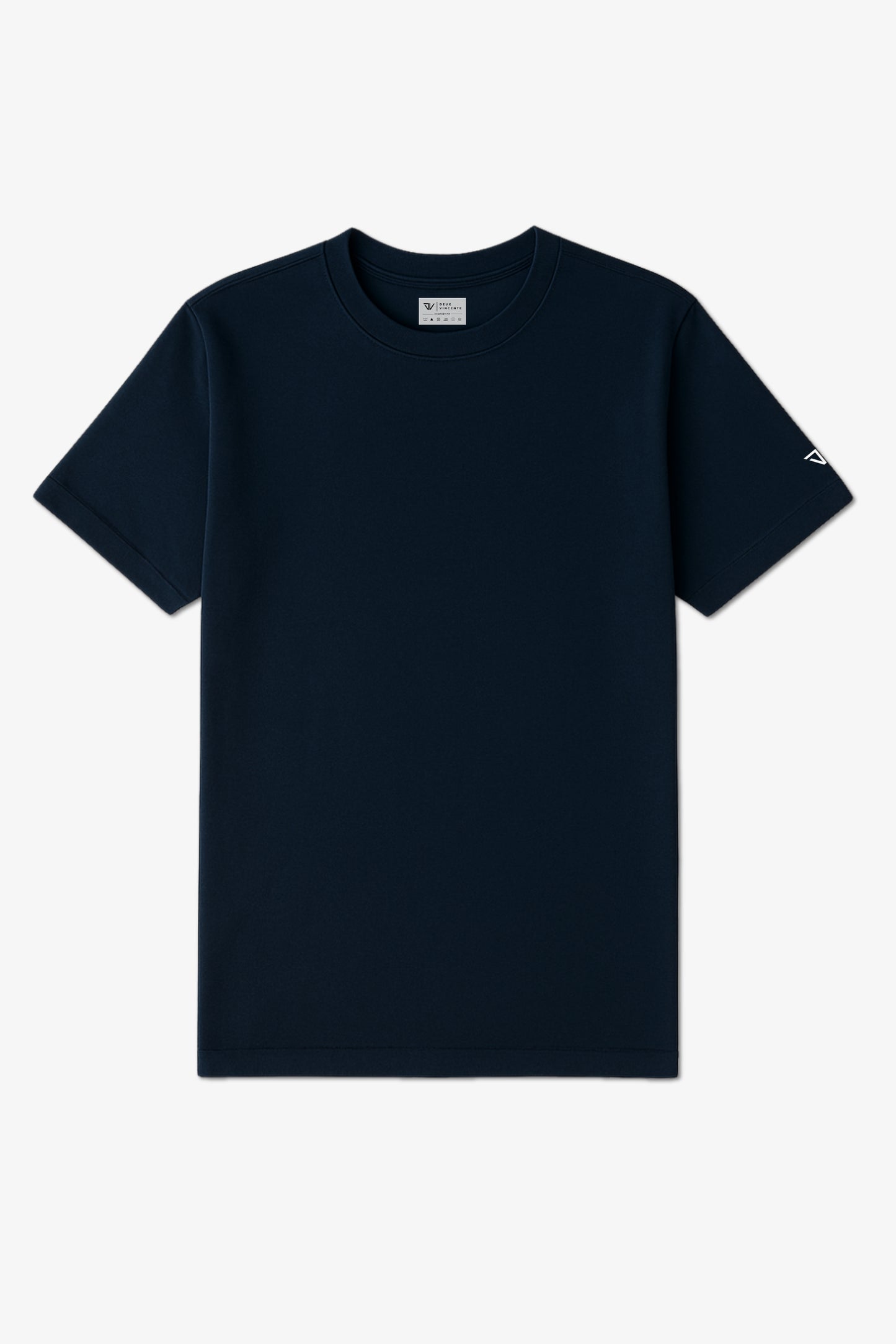 Flat Lay of a Navy Blue Deux Vincente T-shirt with logo on sleeve