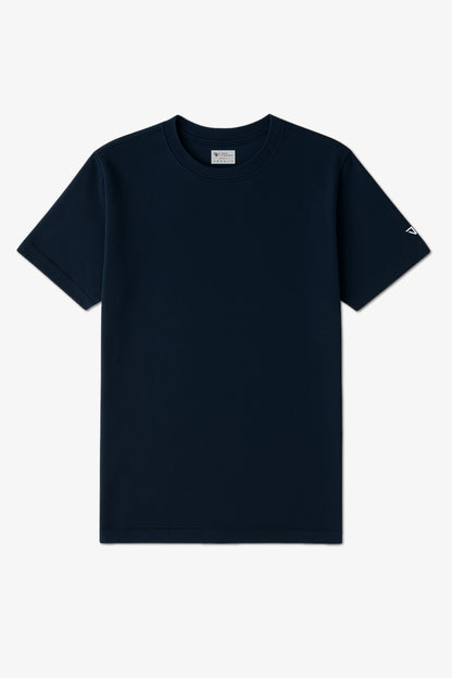 Flat Lay of a Navy Blue Deux Vincente T-shirt with logo on sleeve