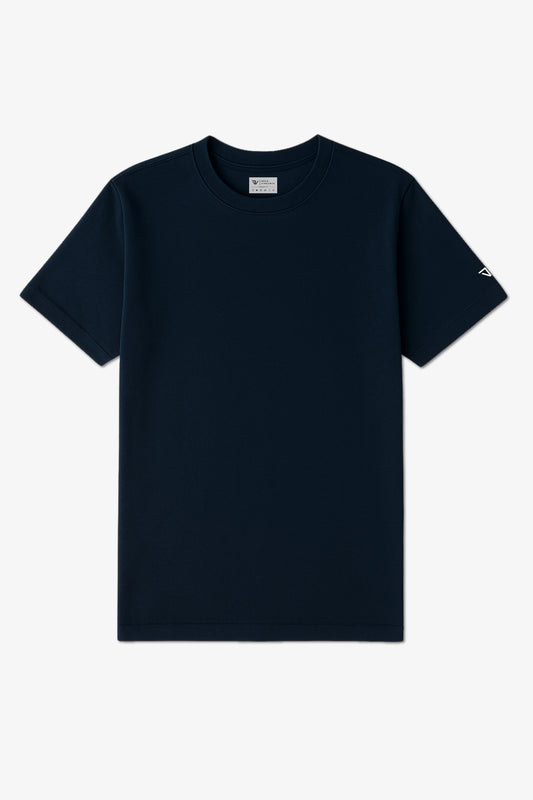 Flat Lay of a Navy Blue Deux Vincente T-shirt with logo on sleeve