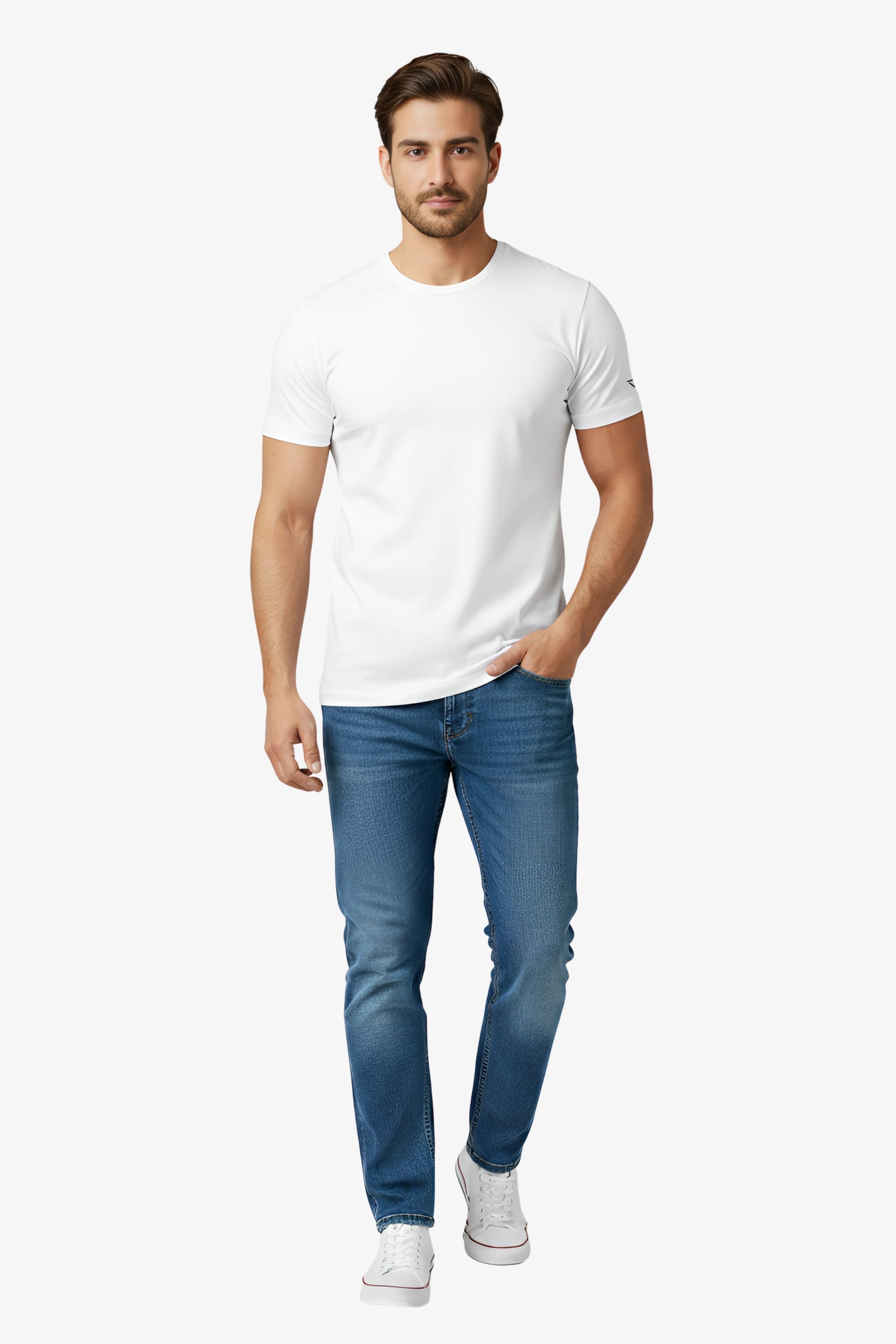 Man wearing a white t-shirt with black deux vincente logo on sleeve and denim jeans