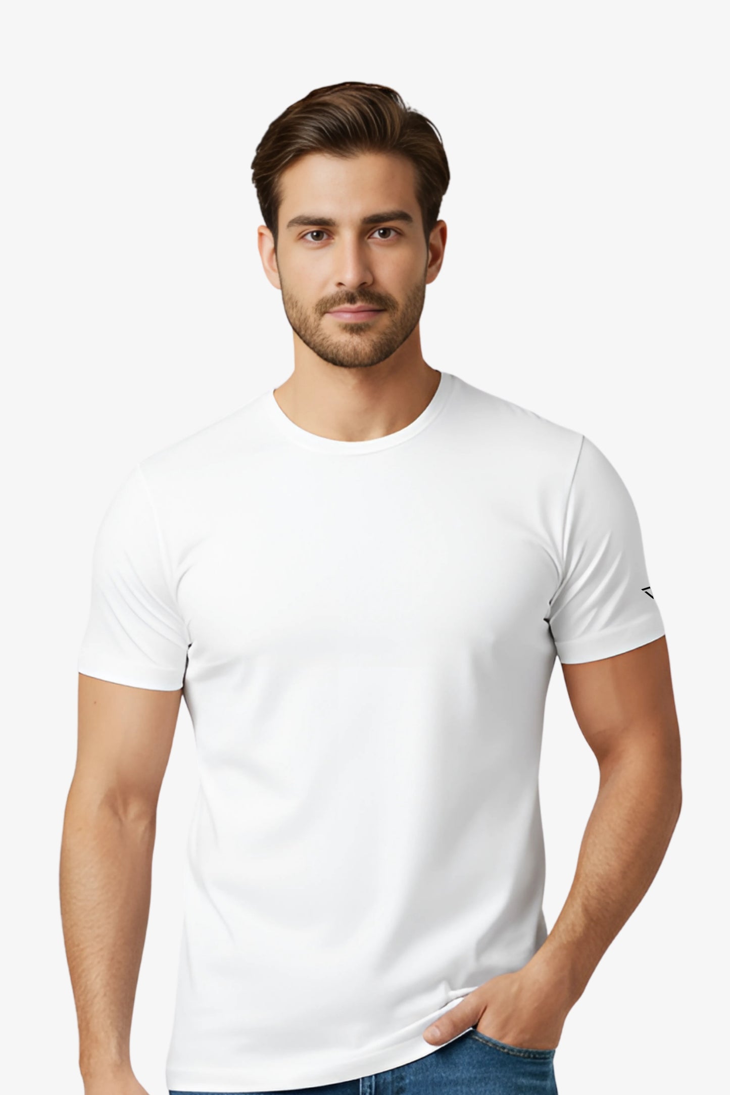 Man wearing a white t-shirt with black deux vincente logo on sleeve