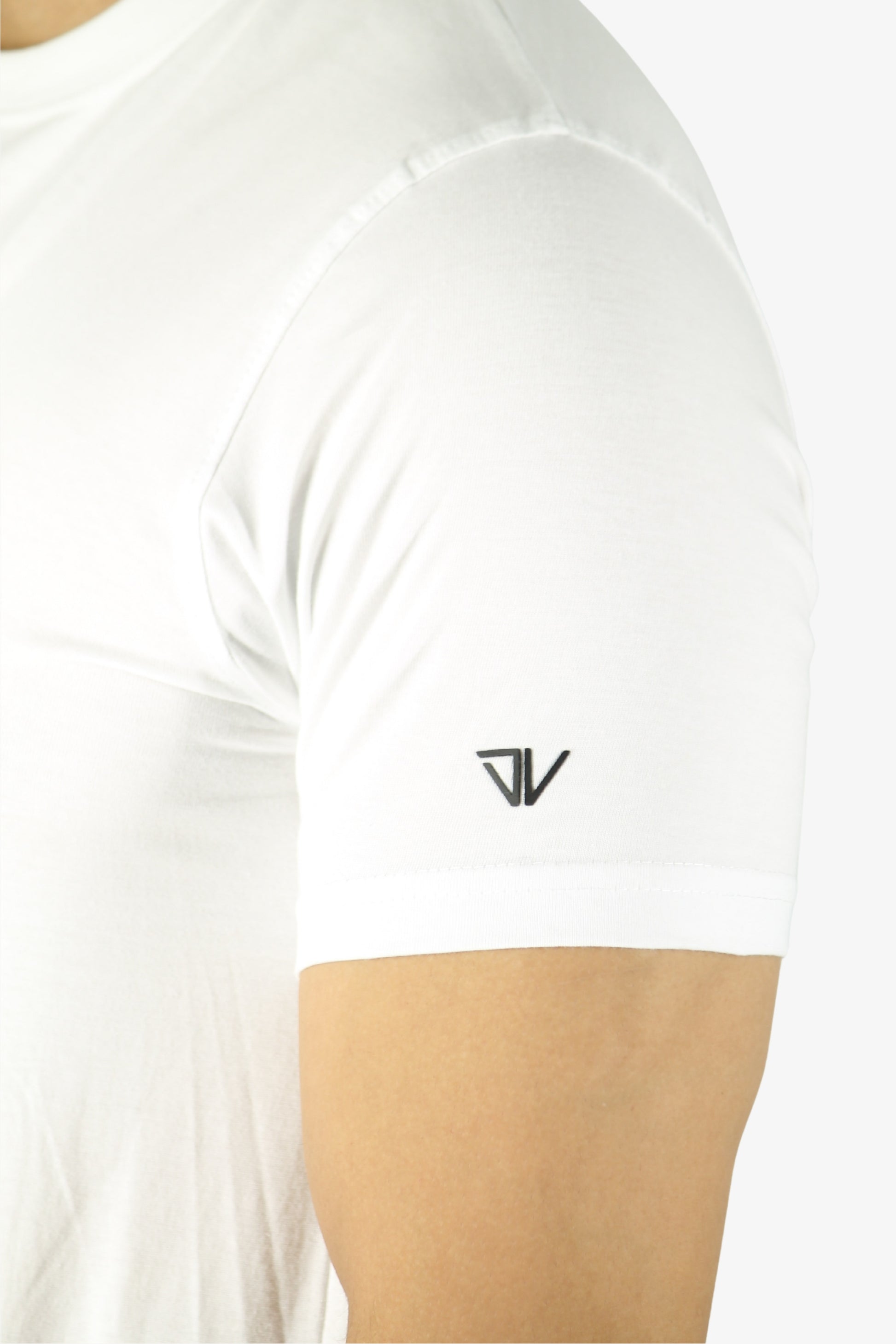 white tshirt with black deux vincente logo on the sleeve