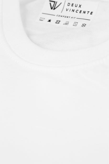 White t-shirt with Deux Vincente branding and text on a white background