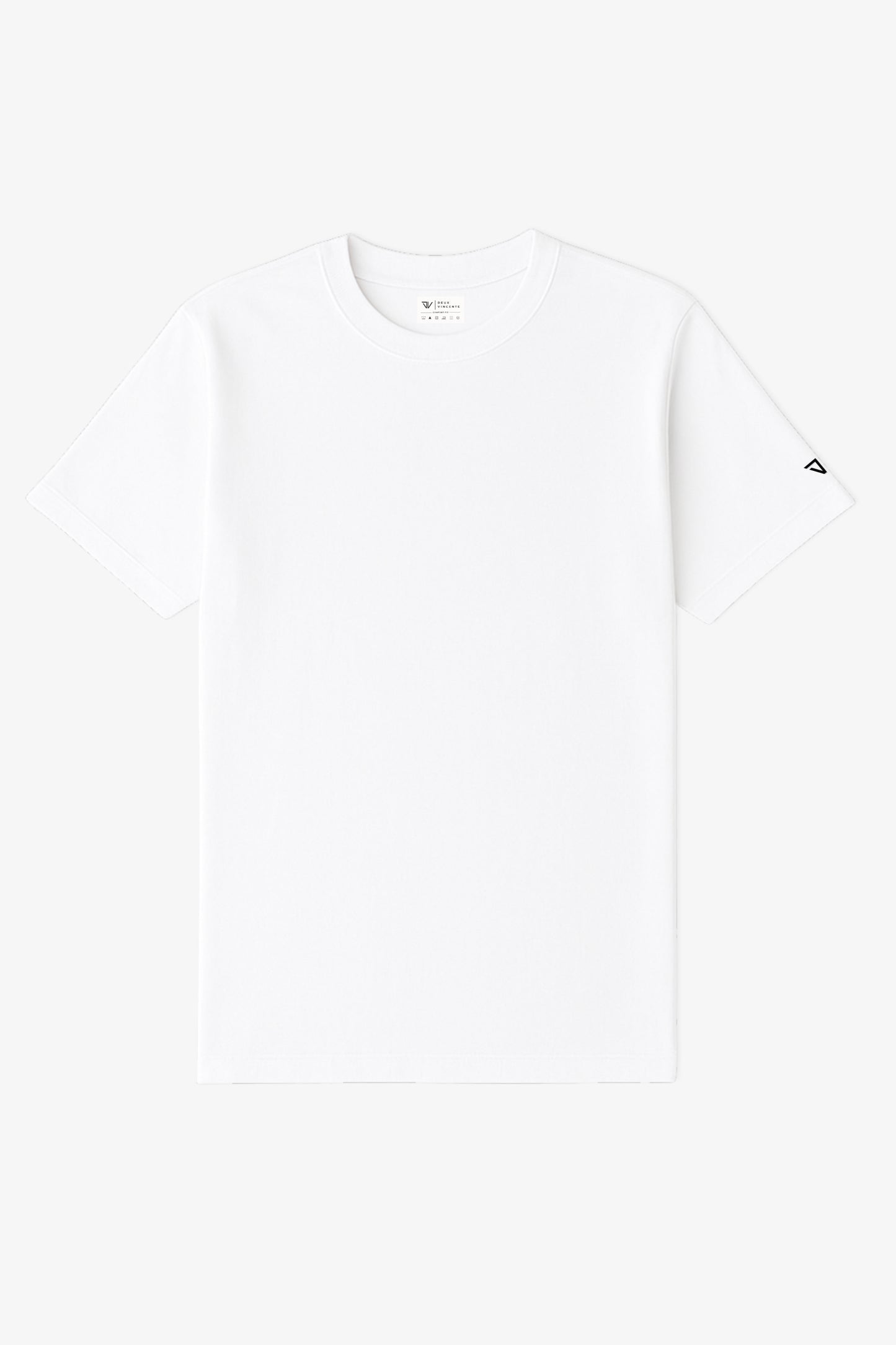 Flat Lay of a White Deux Vincente T-shirt with logo on sleeve