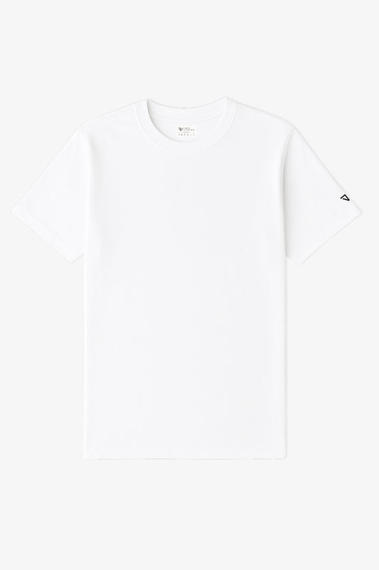 Flat Lay of a White Deux Vincente T-shirt with logo on sleeve