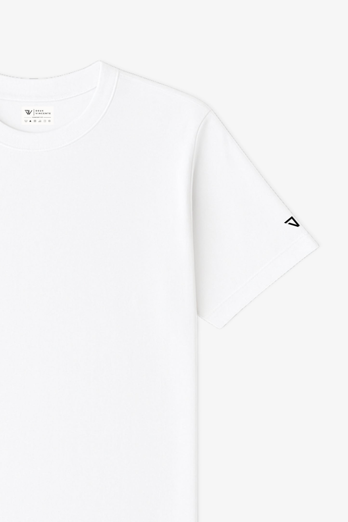 Close Up Flat Lay of a White Deux Vincente T-shirt with logo on sleeve