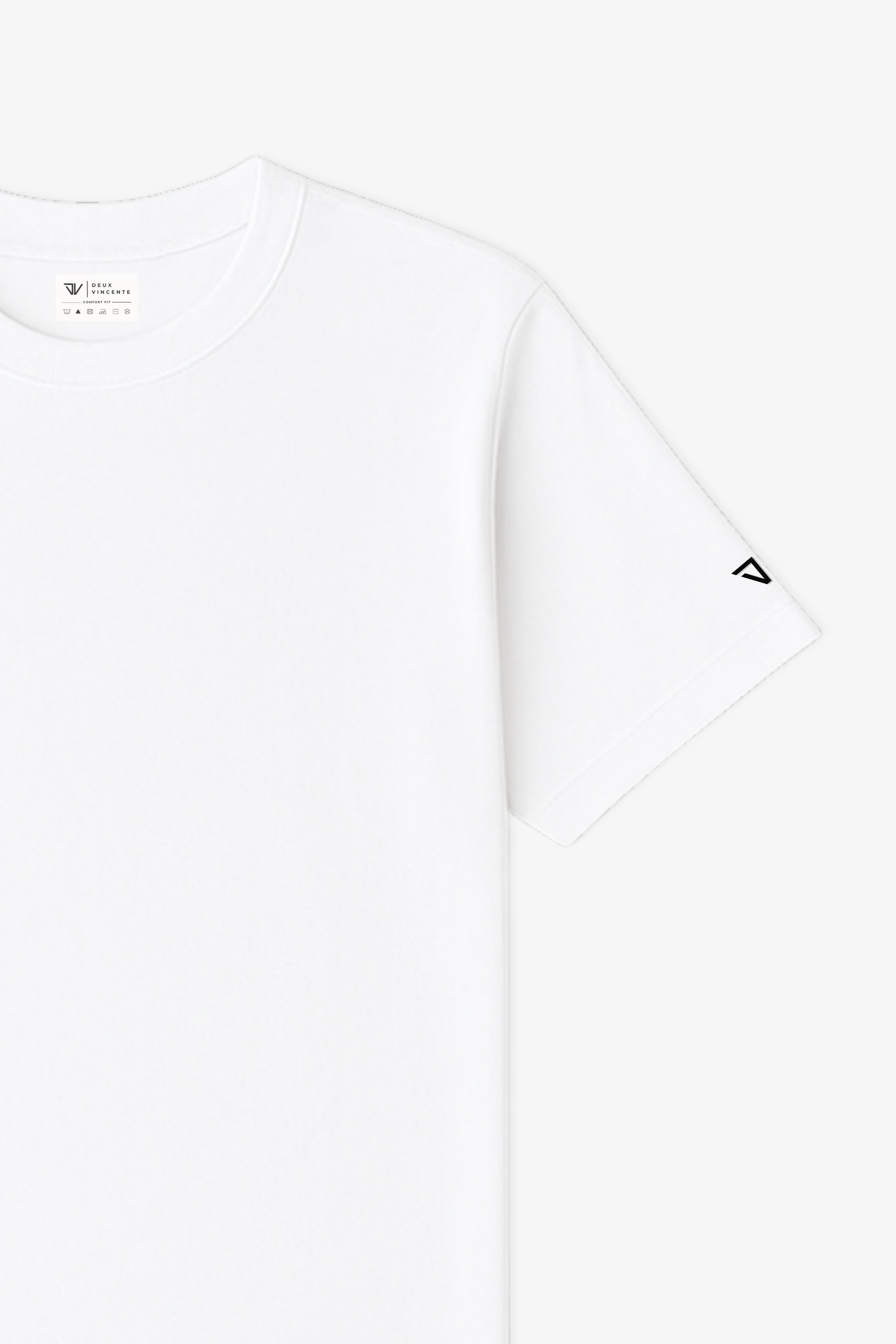 Close Up Flat Lay of a White Deux Vincente T-shirt with logo on sleeve