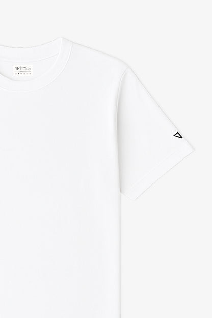 Close Up Flat Lay of a White Deux Vincente T-shirt with logo on sleeve