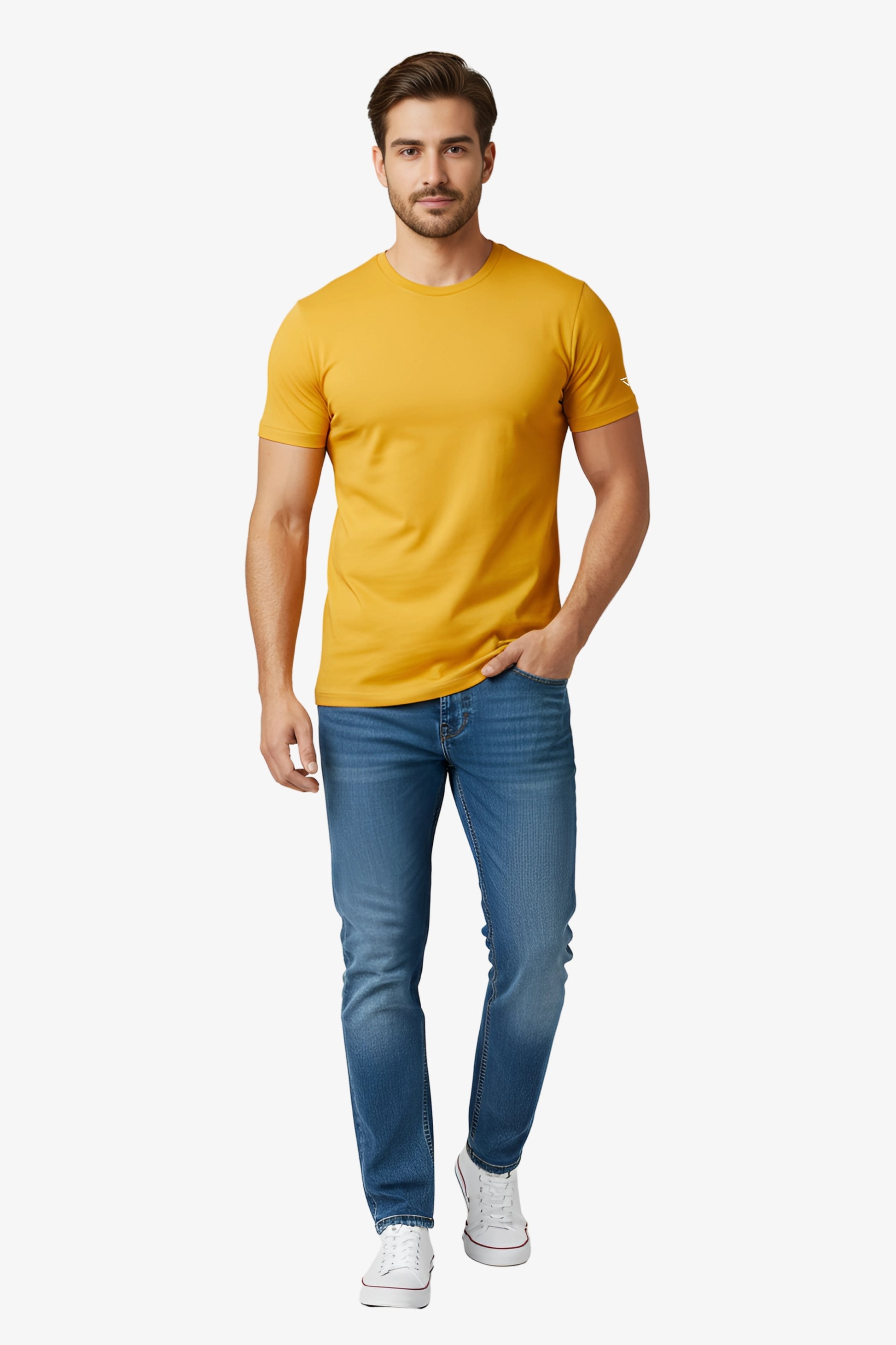 Man wearing a yellow t-shirt with white deux vincente logo on sleeve and denim jeans