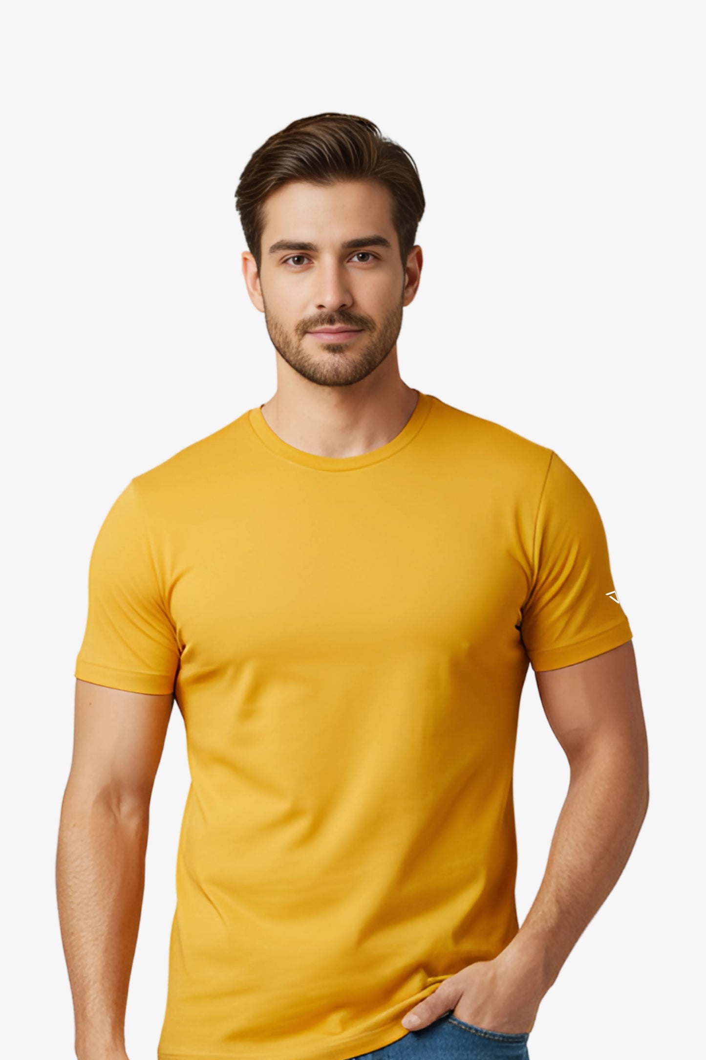 Man wearing a yellow t-shirt with white deux vincente logo on sleeve
