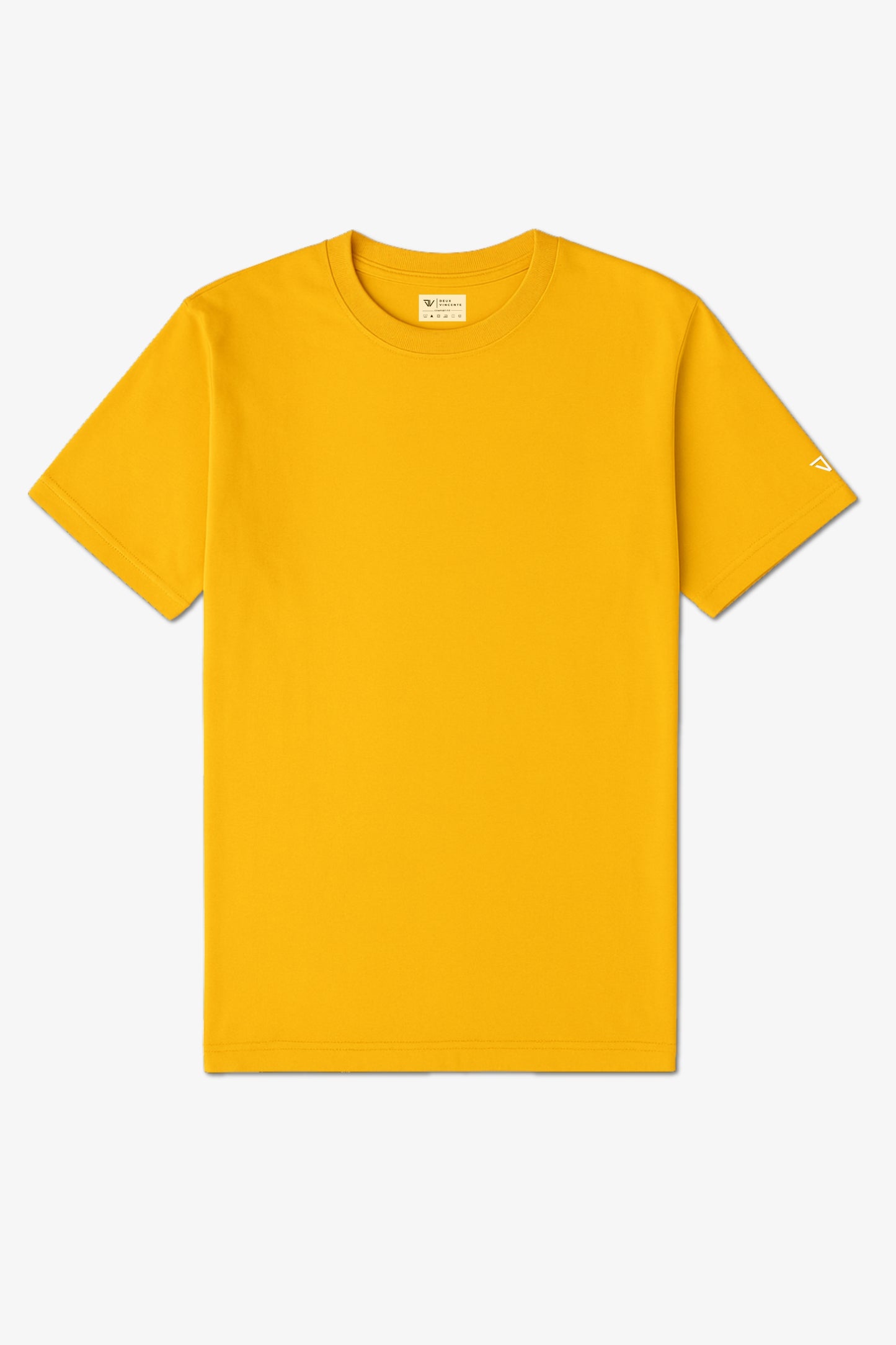 Flat Lay of a Yellow Deux Vincente T-shirt with logo on sleeve