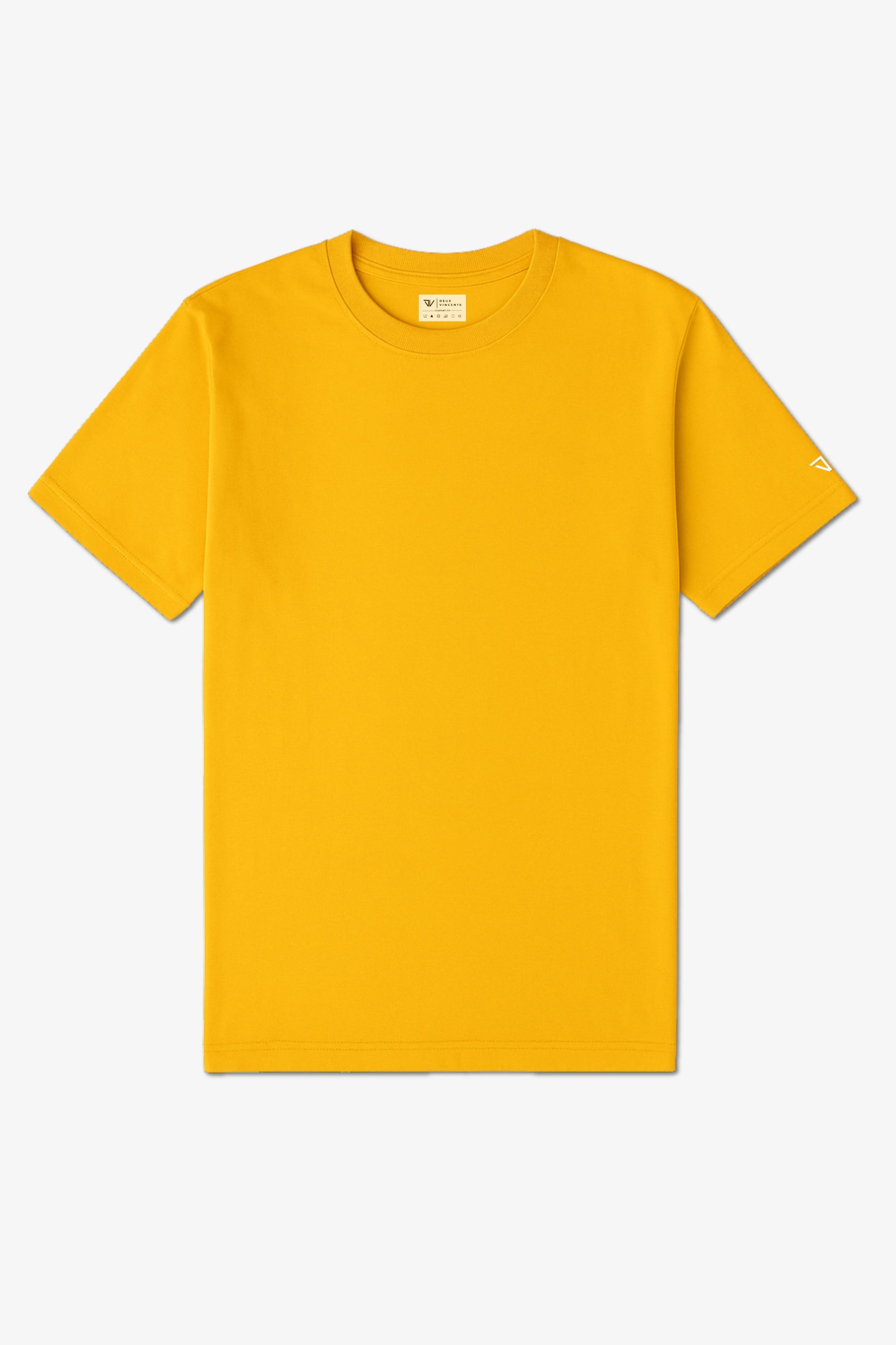 Flat Lay of a Yellow Deux Vincente T-shirt with logo on sleeve