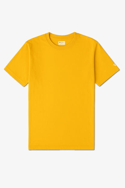 Flat Lay of a Yellow Deux Vincente T-shirt with logo on sleeve