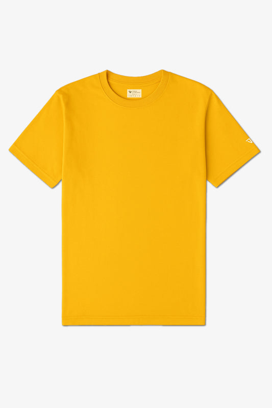 Flat Lay of a Yellow Deux Vincente T-shirt with logo on sleeve