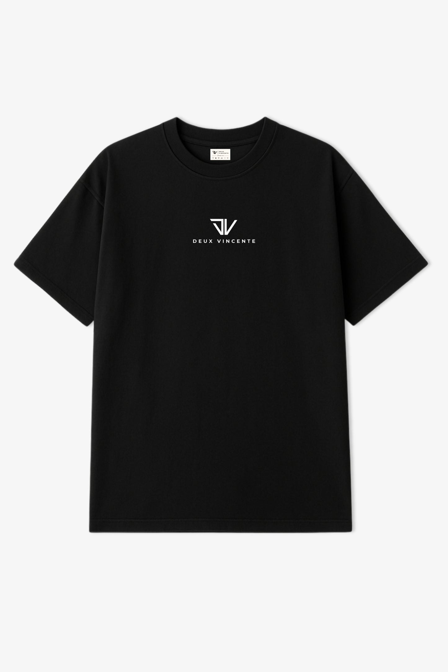 Flat lay of black oversized t-shirt with white deux vincente logo on centre chest
