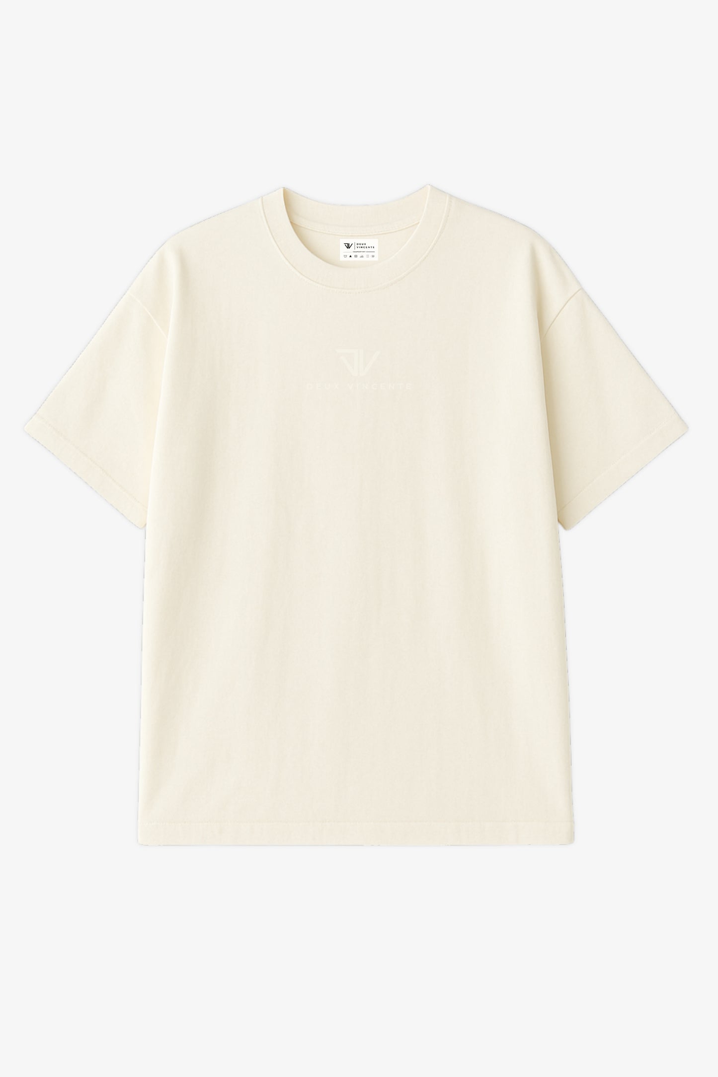 Flat lay of off white oversized t-shirt with light deux vincente logo on centre chest