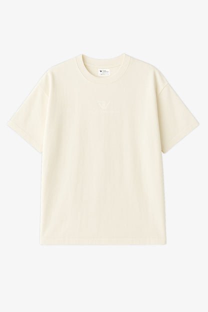 Flat lay of off white oversized t-shirt with light deux vincente logo on centre chest