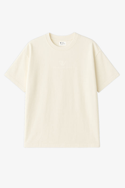 Flat lay of off white oversized t-shirt with light deux vincente logo on centre chest