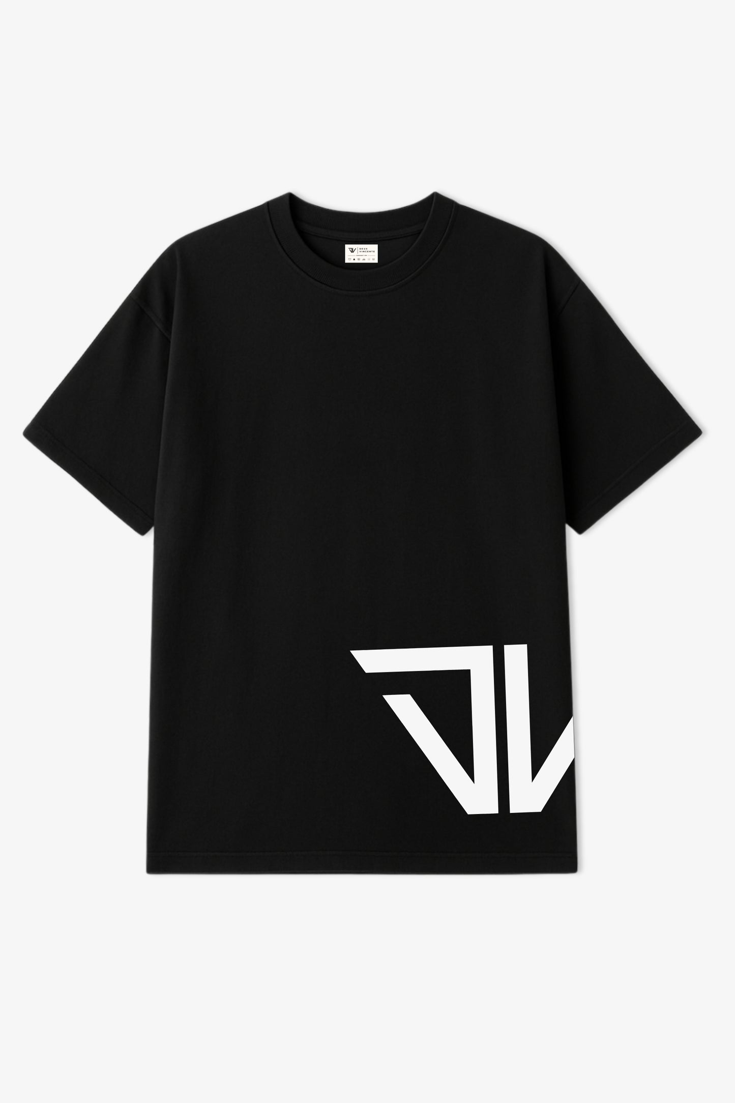Flat lay of black oversized t-shirt with big white deux vincente logo bottom left side