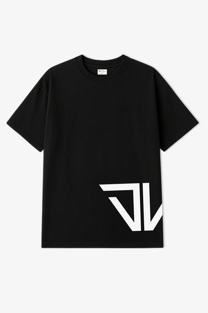 Flat lay of black oversized t-shirt with big white deux vincente logo bottom left side
