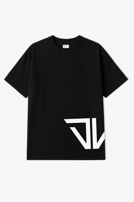 Flat lay of black oversized t-shirt with big white deux vincente logo bottom left side
