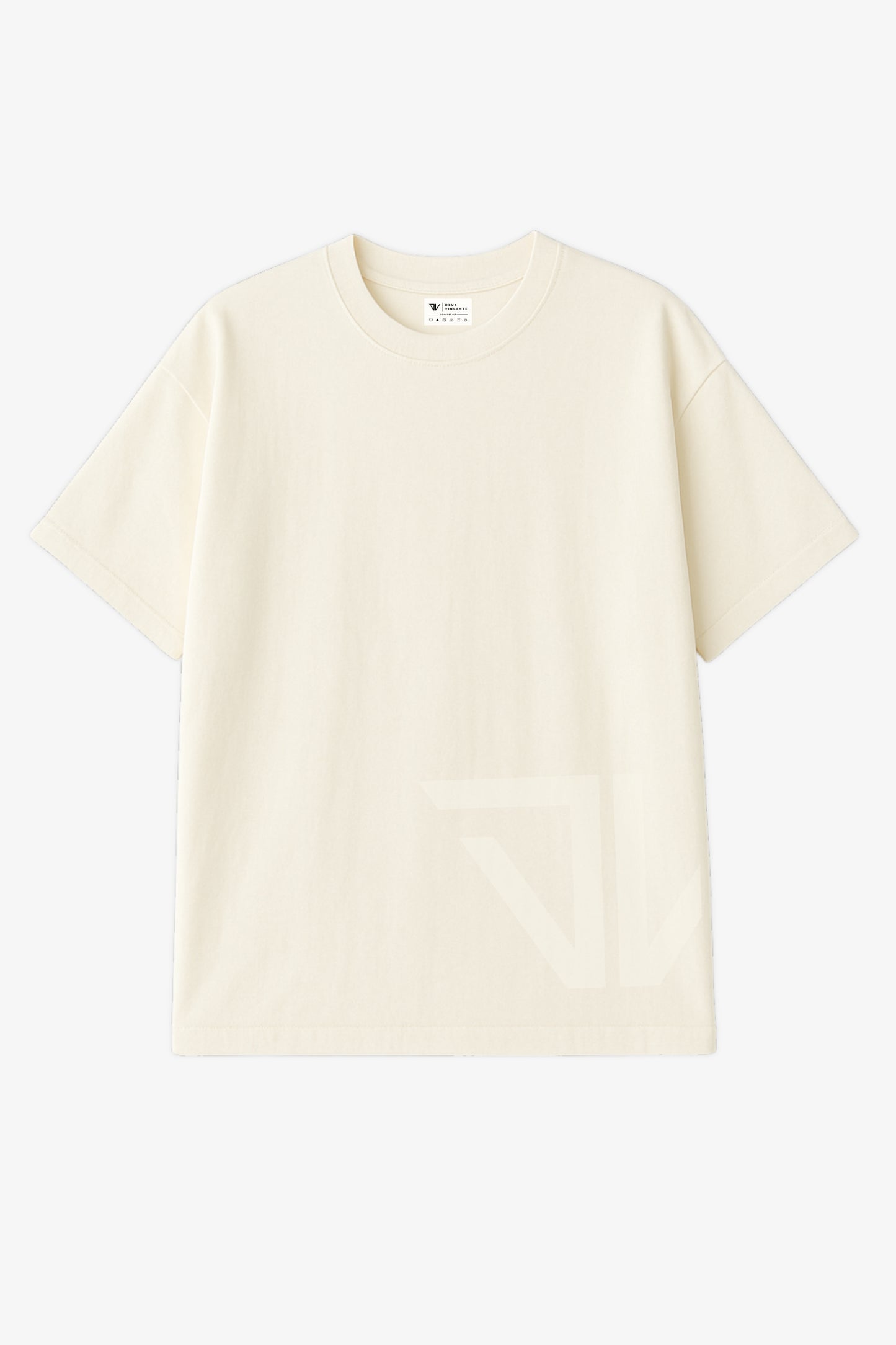 Flat lay of off white oversized t-shirt with big light deux vincente logo on bottom left side